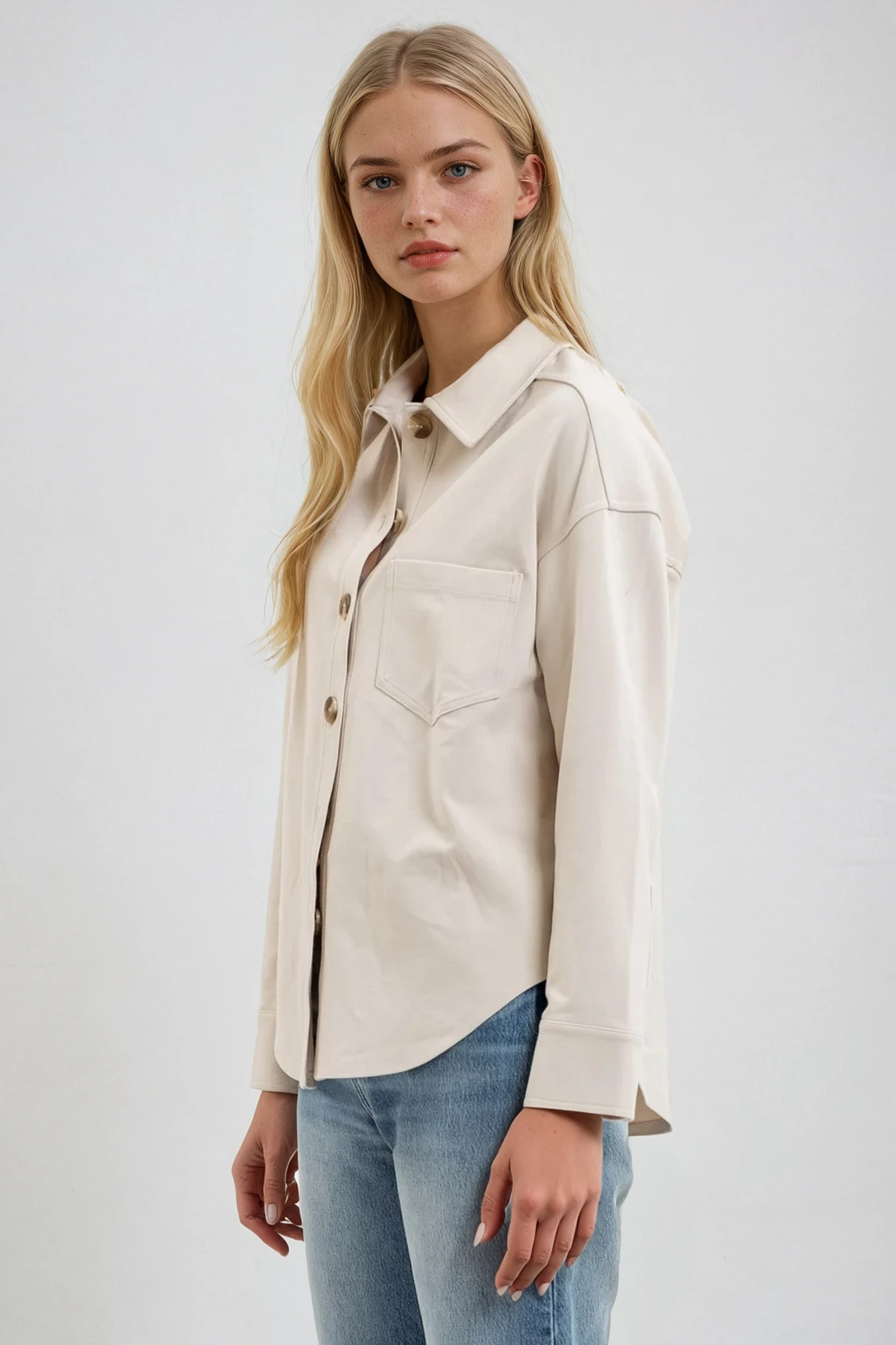 Solid Collared Long Sleeve Shacket Cream