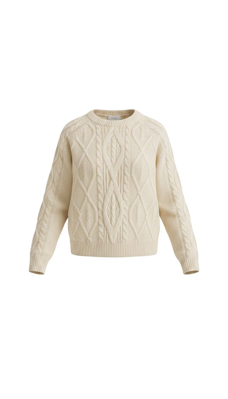 graced cream crew neck sweater featuring a classic cable knit texture and long sleeves for a timeless look