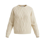 graced cream crew neck sweater featuring a classic cable knit texture and long sleeves for a timeless look