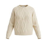 graced cream crew neck sweater featuring a classic cable knit texture and long sleeves for a timeless look