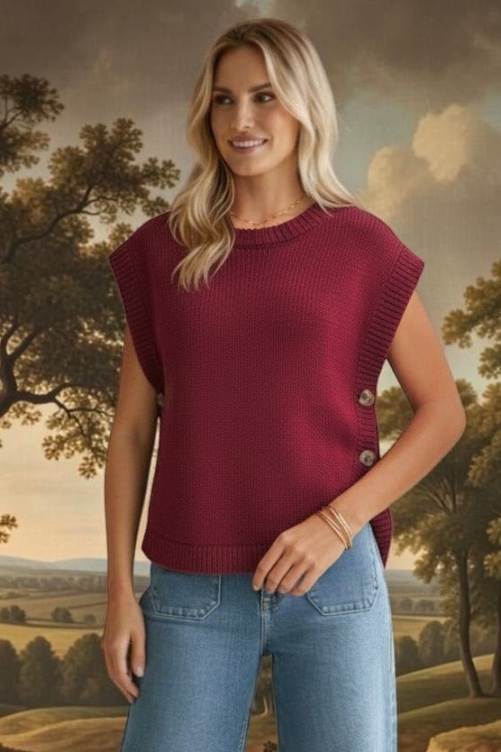 Burgundy crew neck sweater vest from in february, knit top with a classic fit and ribbed edges, displayed on a plain background.