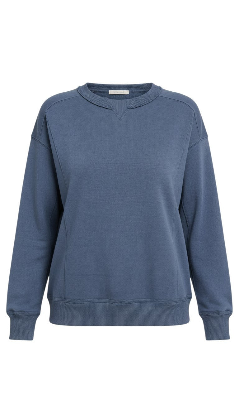 graced indigo crewneck pullover top with a classic neckline and ribbed hem detail for a polished casual look