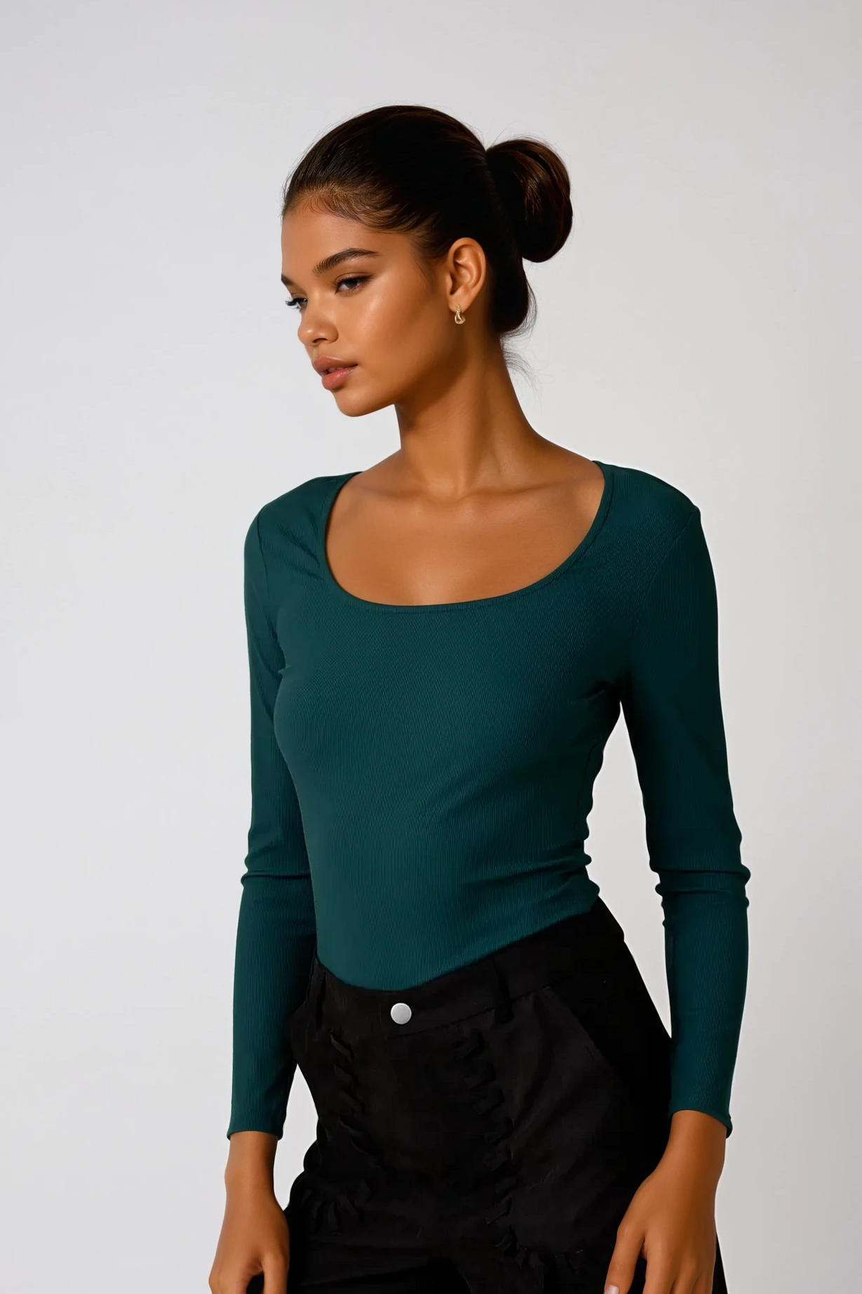 Square Neck Long Sleeve Bodysuit Dark Green