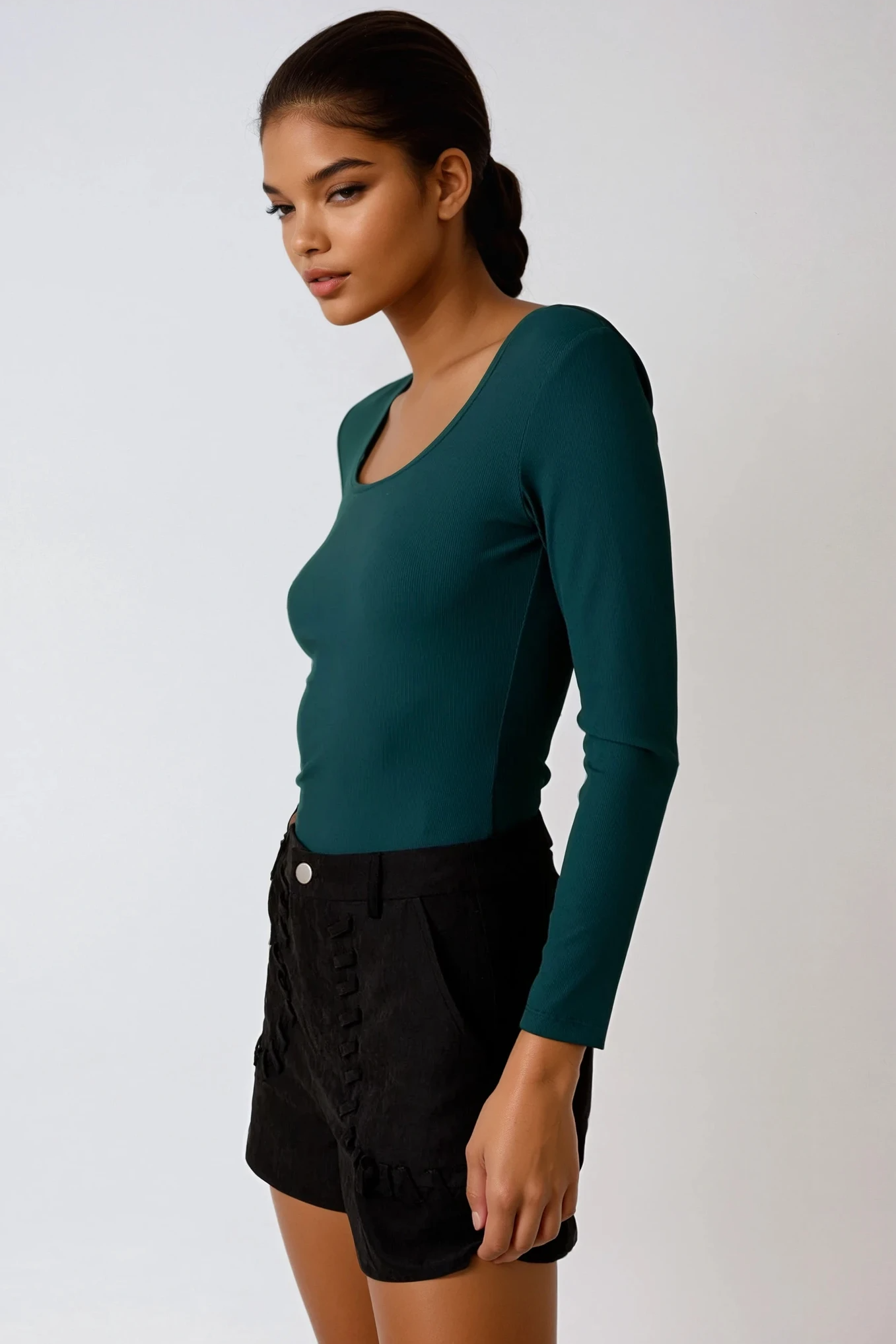 Square Neck Long Sleeve Bodysuit Dark Green