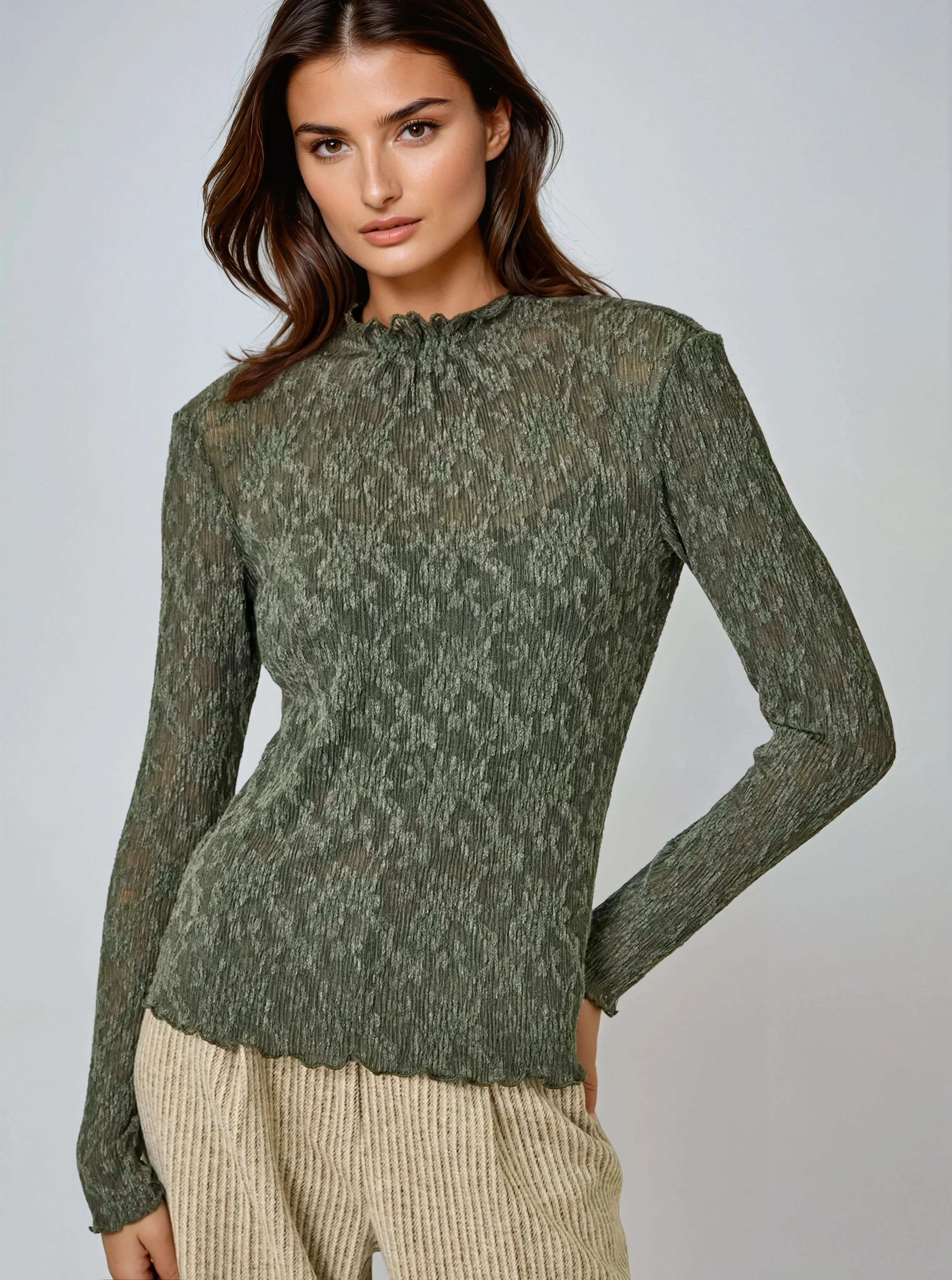 Lettuce Edge Textured Floral Top Deep Green