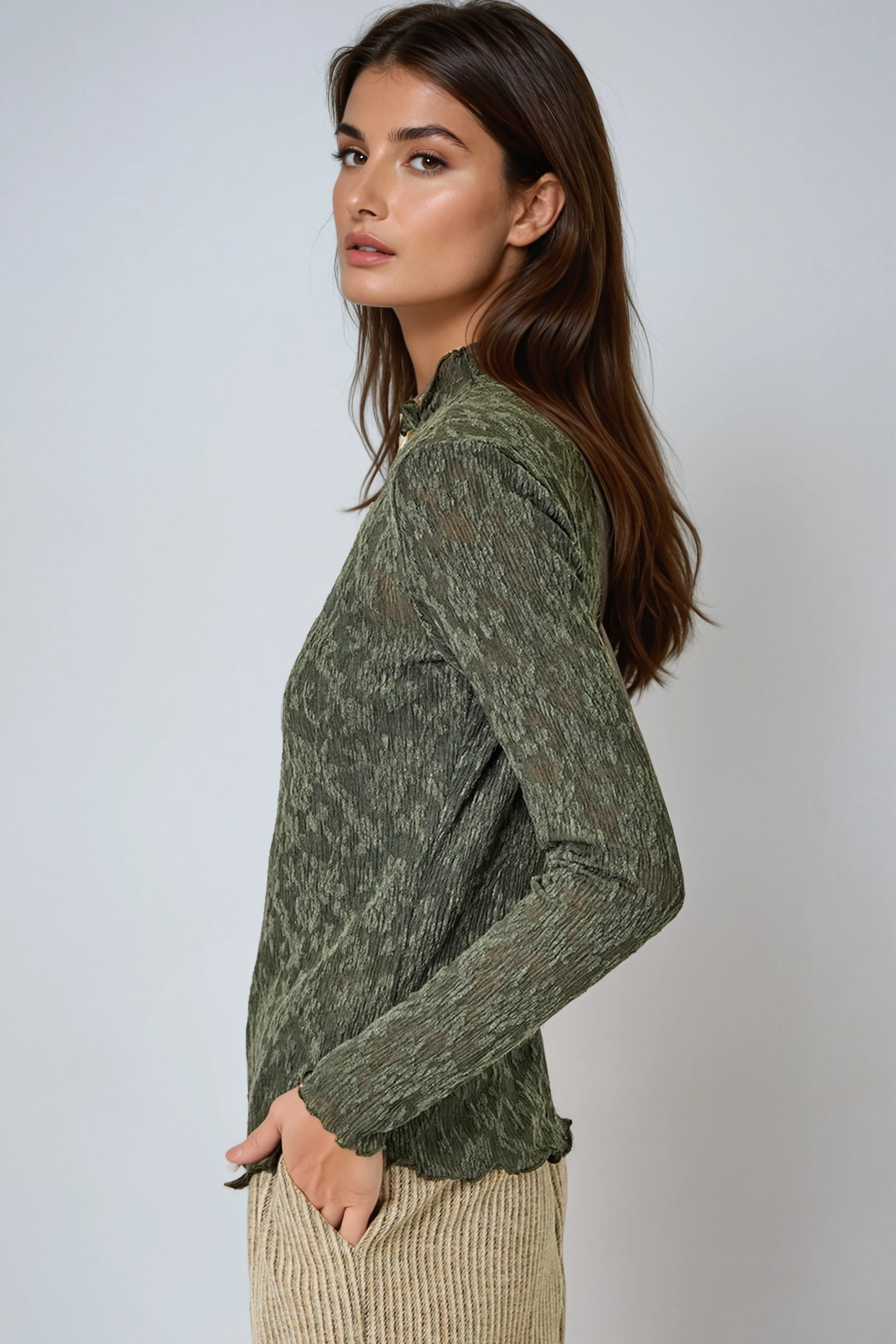 Lettuce Edge Textured Floral Top Deep Green
