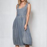 Shoulder Tie Pleated Denim Midi Dress