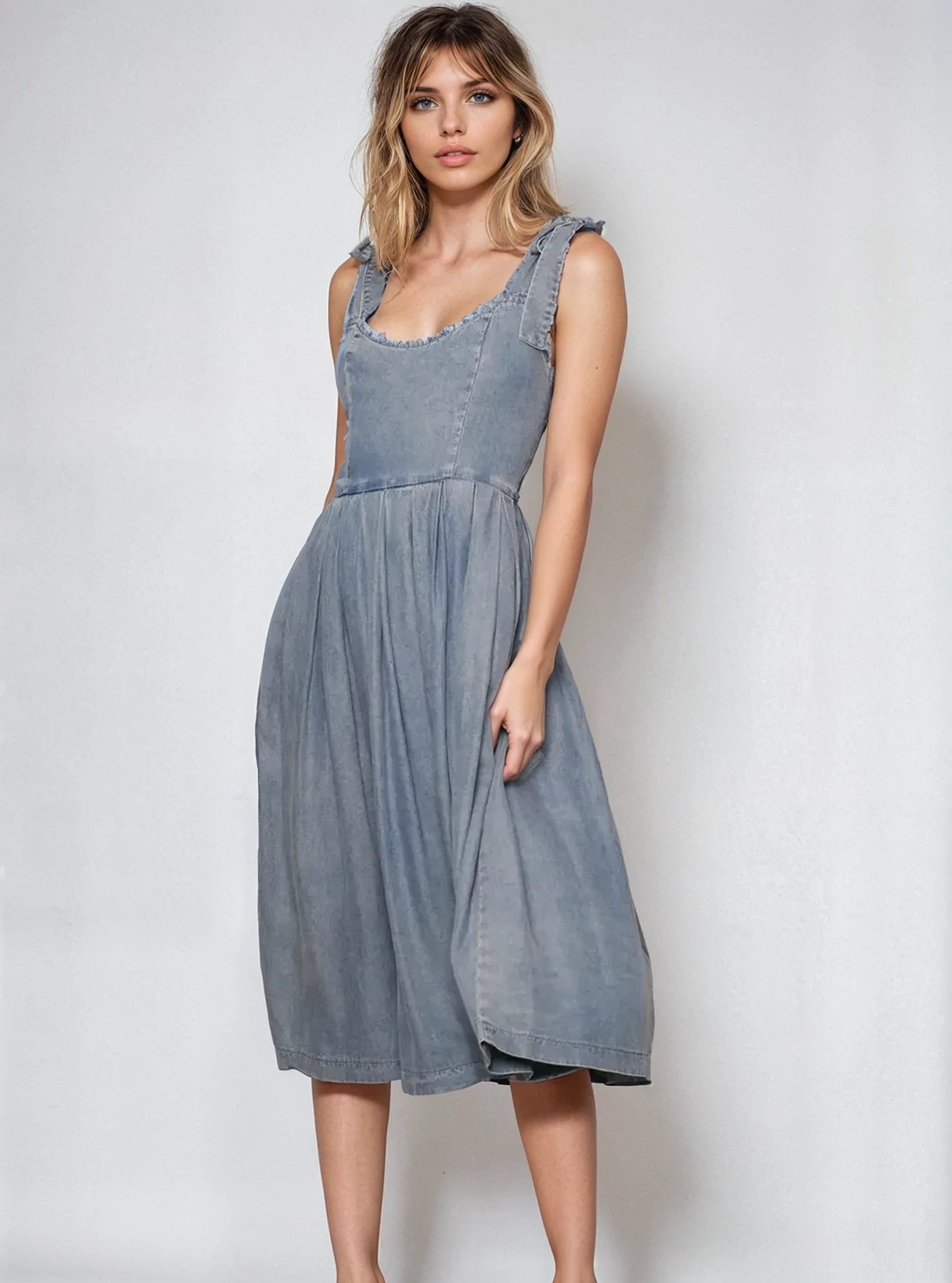Shoulder Tie Pleated Denim Midi Dress