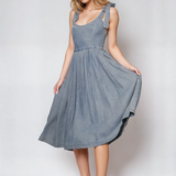 Shoulder Tie Pleated Denim Midi Dress