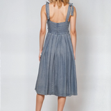Shoulder Tie Pleated Denim Midi Dress