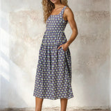 Doe and Rae floral print square neck midi dress with long sleeves, lightweight rayon and nylon fabric, perfect for spring and summer wear.