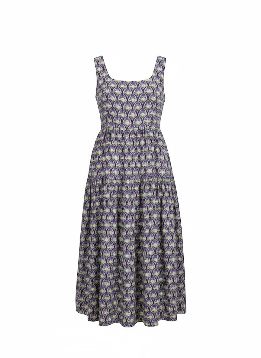 Floral print square neck midi dress from Doe and Rae featuring a flowing rayon and nylon fabric.