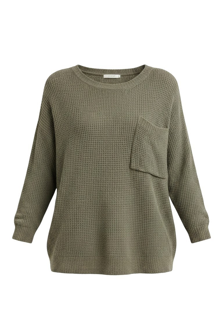 graced forest green dolman long sleeve knit sweater with a waffle texture and a single chest pocket