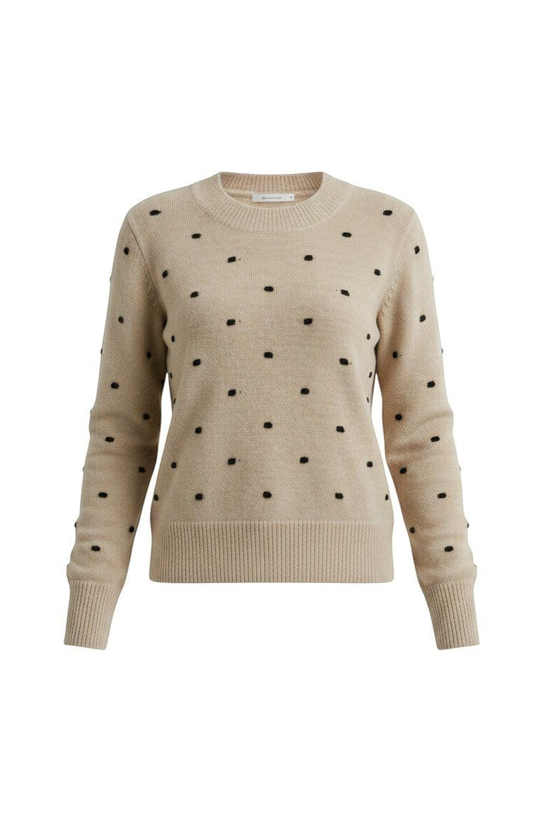 graced beige crewneck sweater featuring a black polka dot knit pattern and ribbed cuffs in a classic fit.