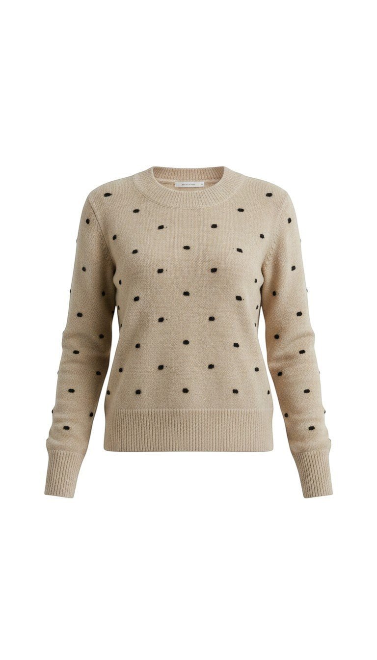 graced beige crewneck sweater featuring a black polka dot knit pattern and ribbed cuffs in a classic fit.