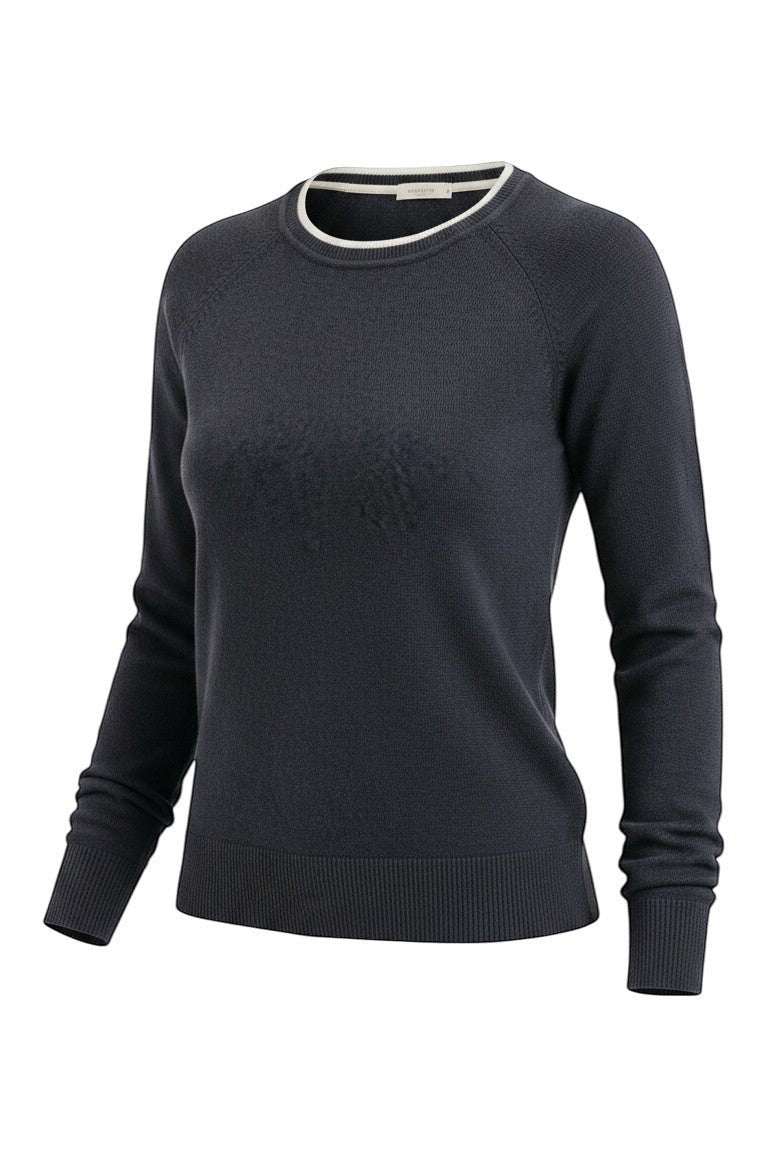 graced double layered sweater in charcoal grey with a contrasting white crew neckline and ribbed cuffs