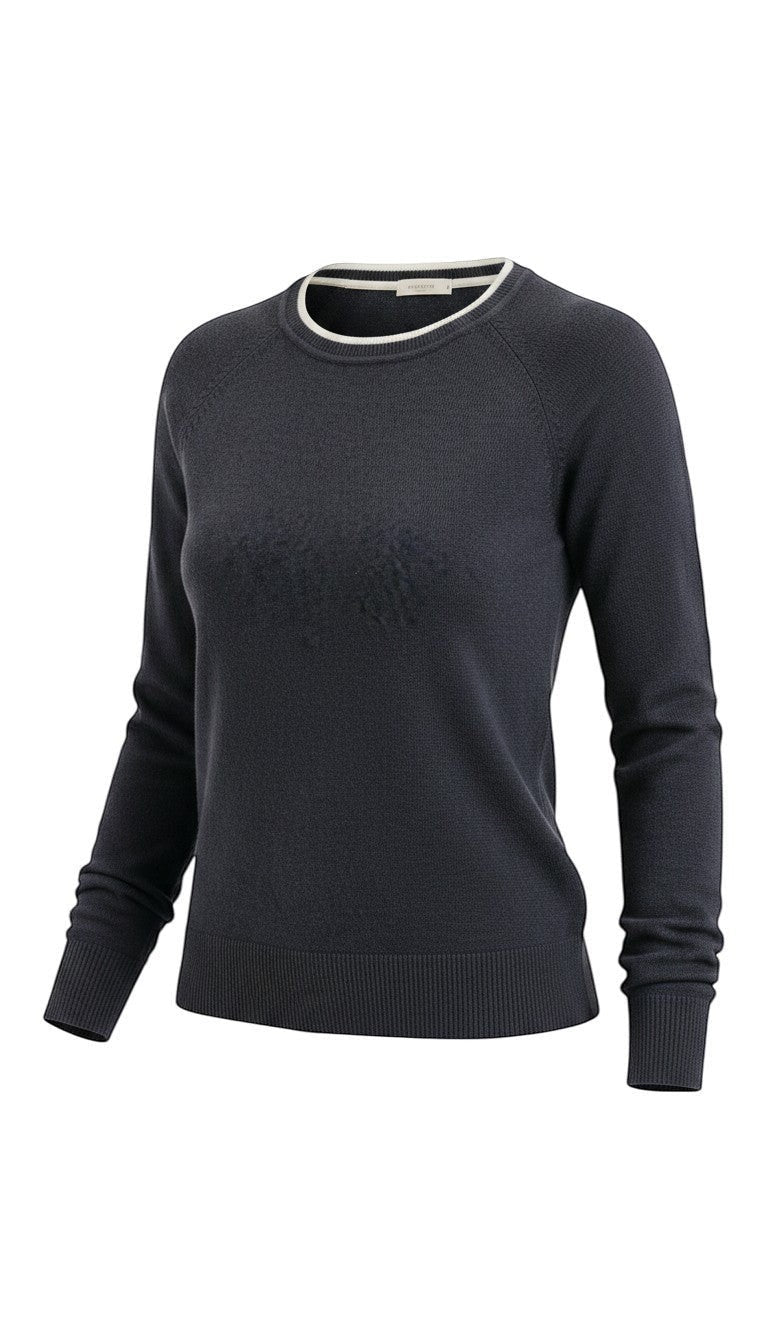 graced double layered sweater in charcoal grey with a contrasting white crew neckline and ribbed cuffs