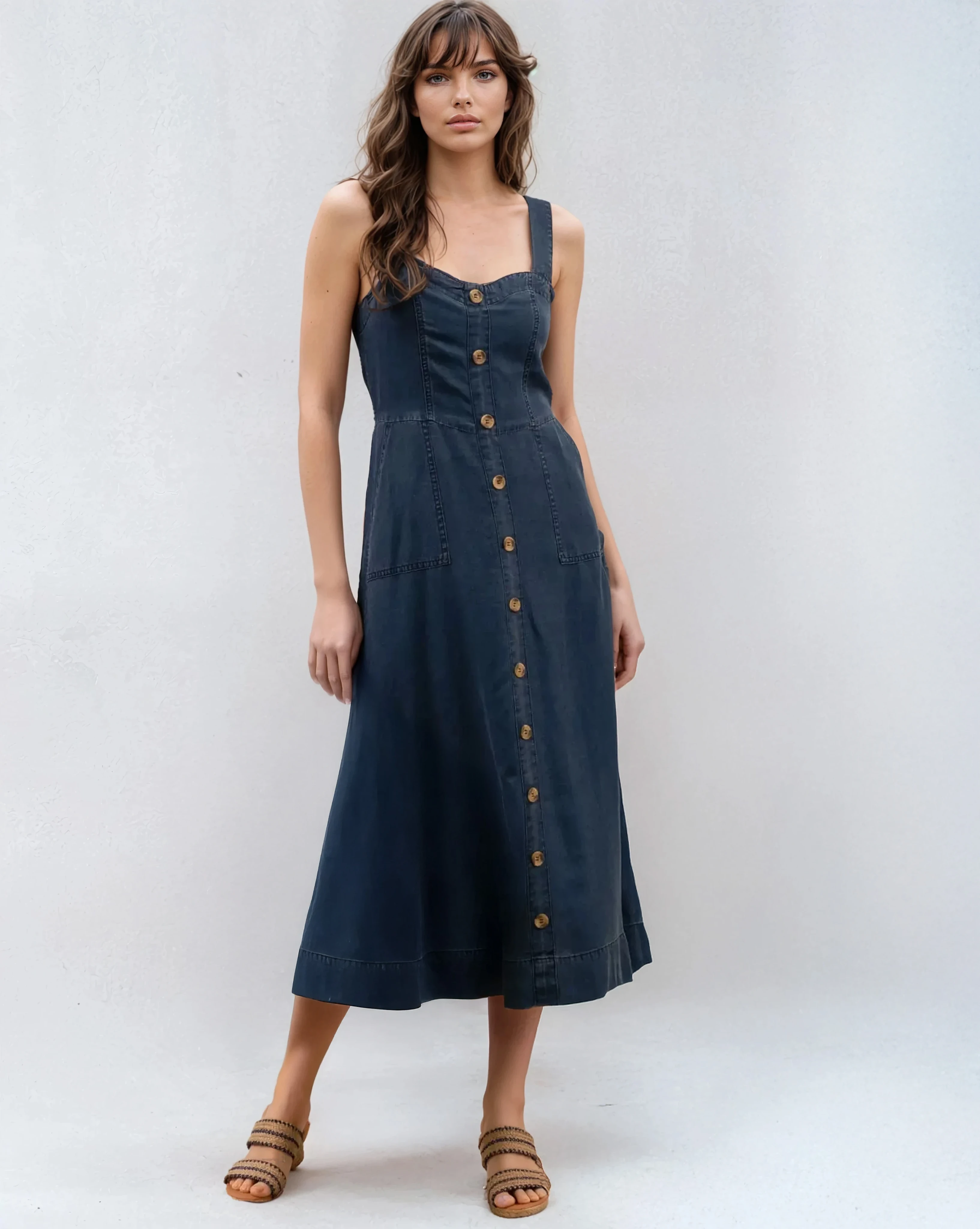 Button Front Denim Midi Dress