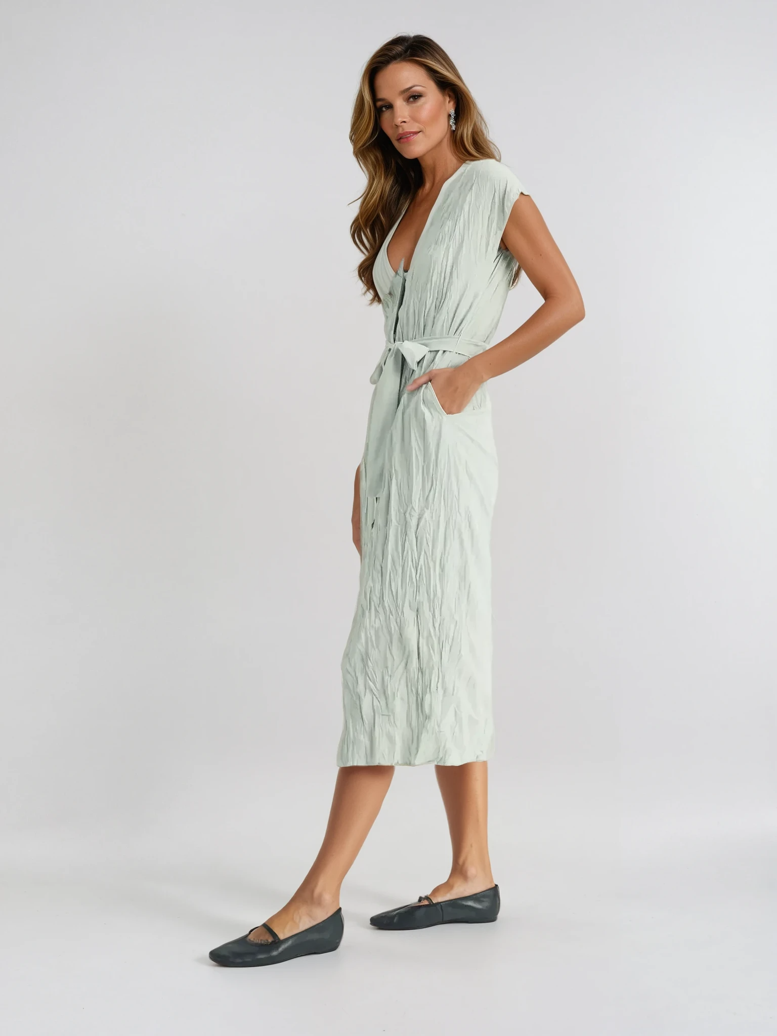 Crinkled V Neck Maxi Dress