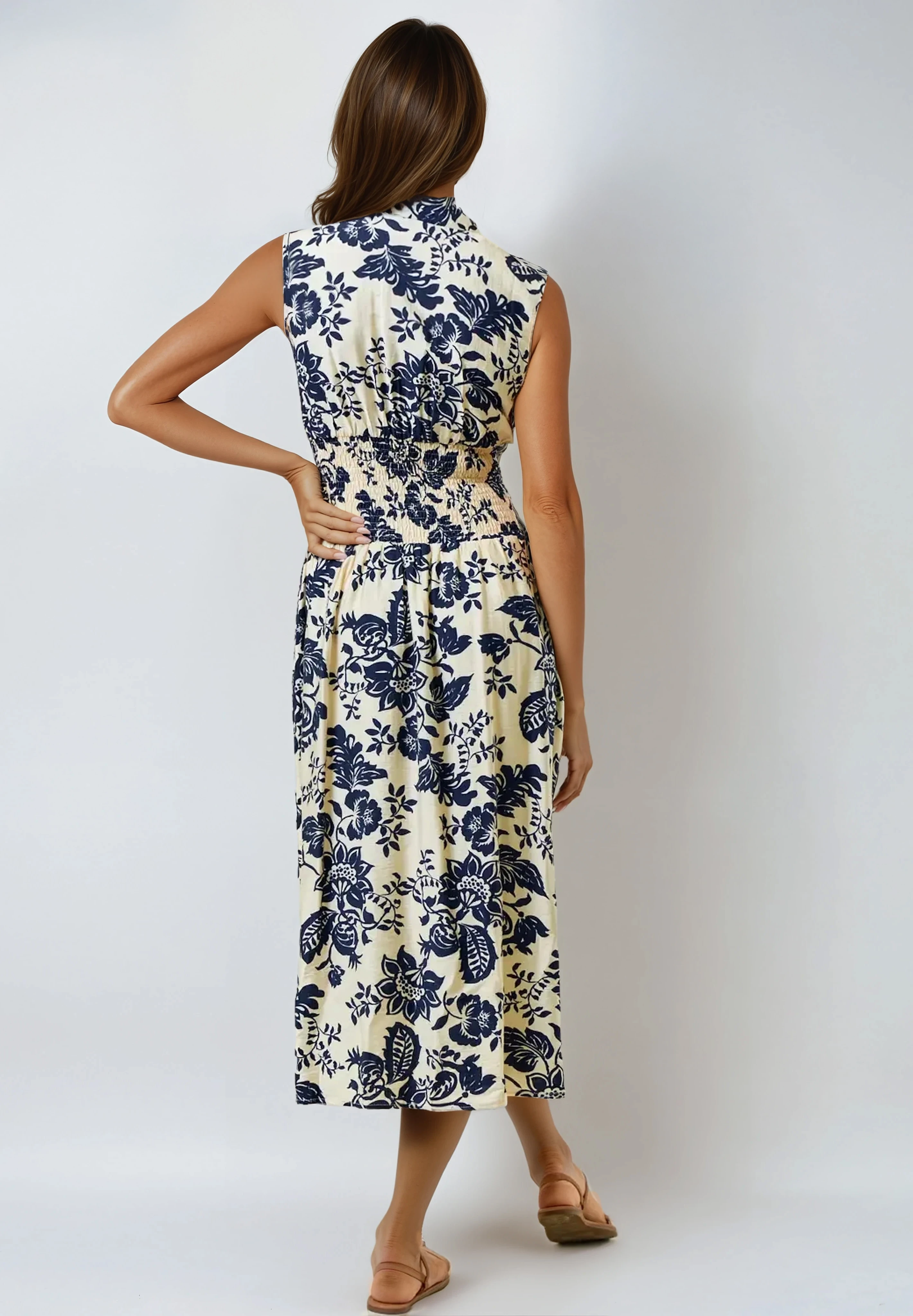 V-Neck Smocked Waist Midi Dress