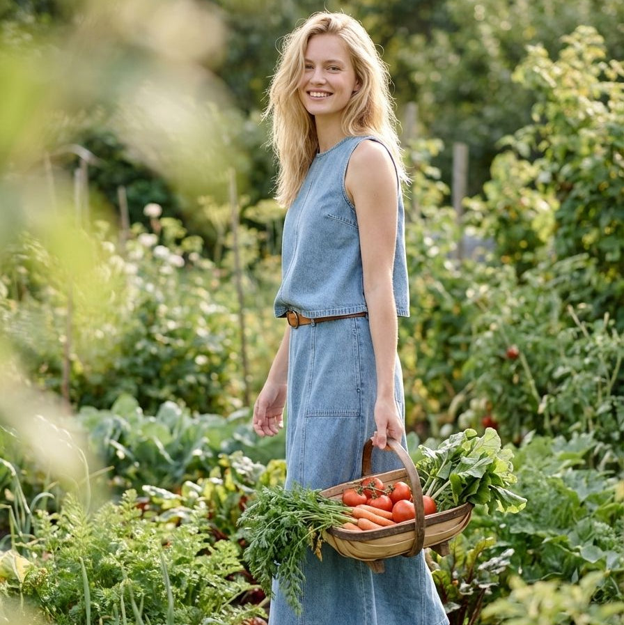 Woman in a garden holding a basket of vegetables