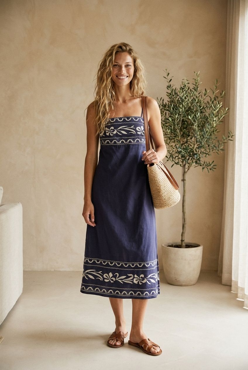 Embroidered Straight Neck Midi Dress