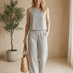 Z Supply The Scout striped summer top on a virtual model, showcasing a casual, lightweight basic with horizontal gray and white stripes.