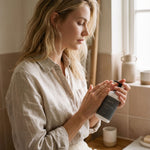 Woman holding a bottle of soap in a bathroom setting