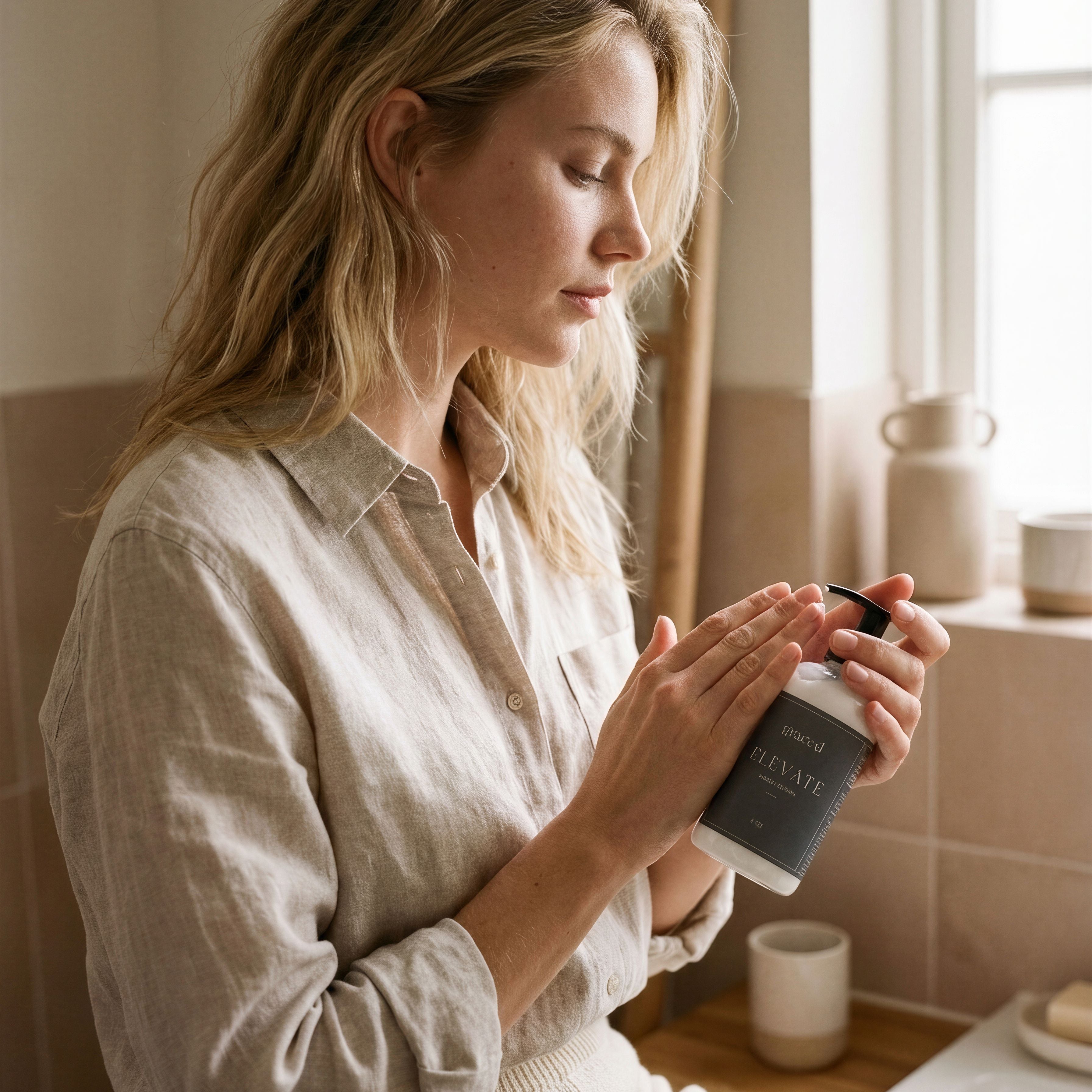 Woman holding a bottle of soap in a bathroom setting