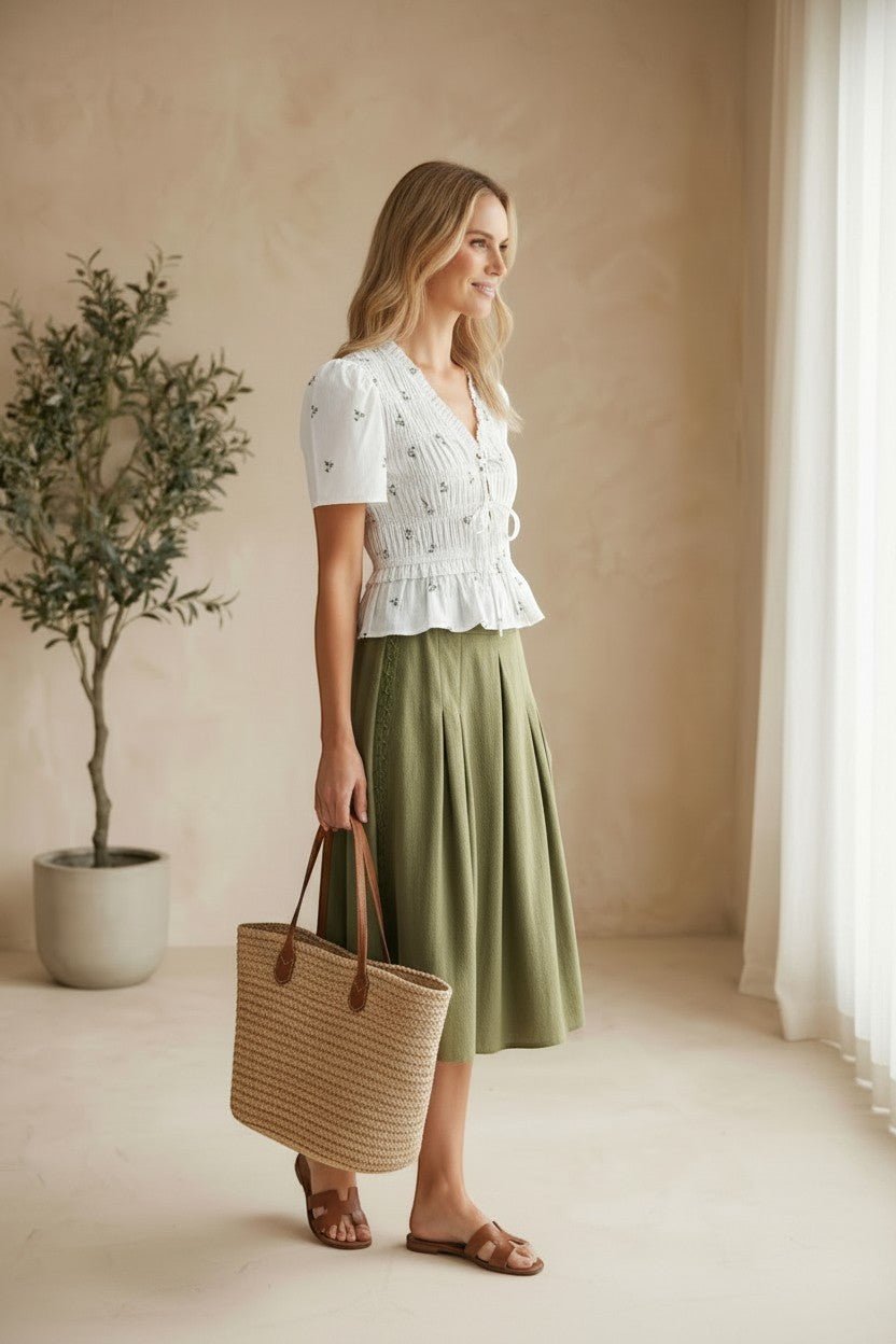 Camellia embroidered peplum blouse with pleated design, featuring intricate embroidery and a stylish, feminine silhouette.