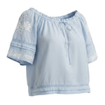 Light blue embroidered raglan short sleeve top by Lovestitch, casual blouse with floral embroidery and relaxed fit.