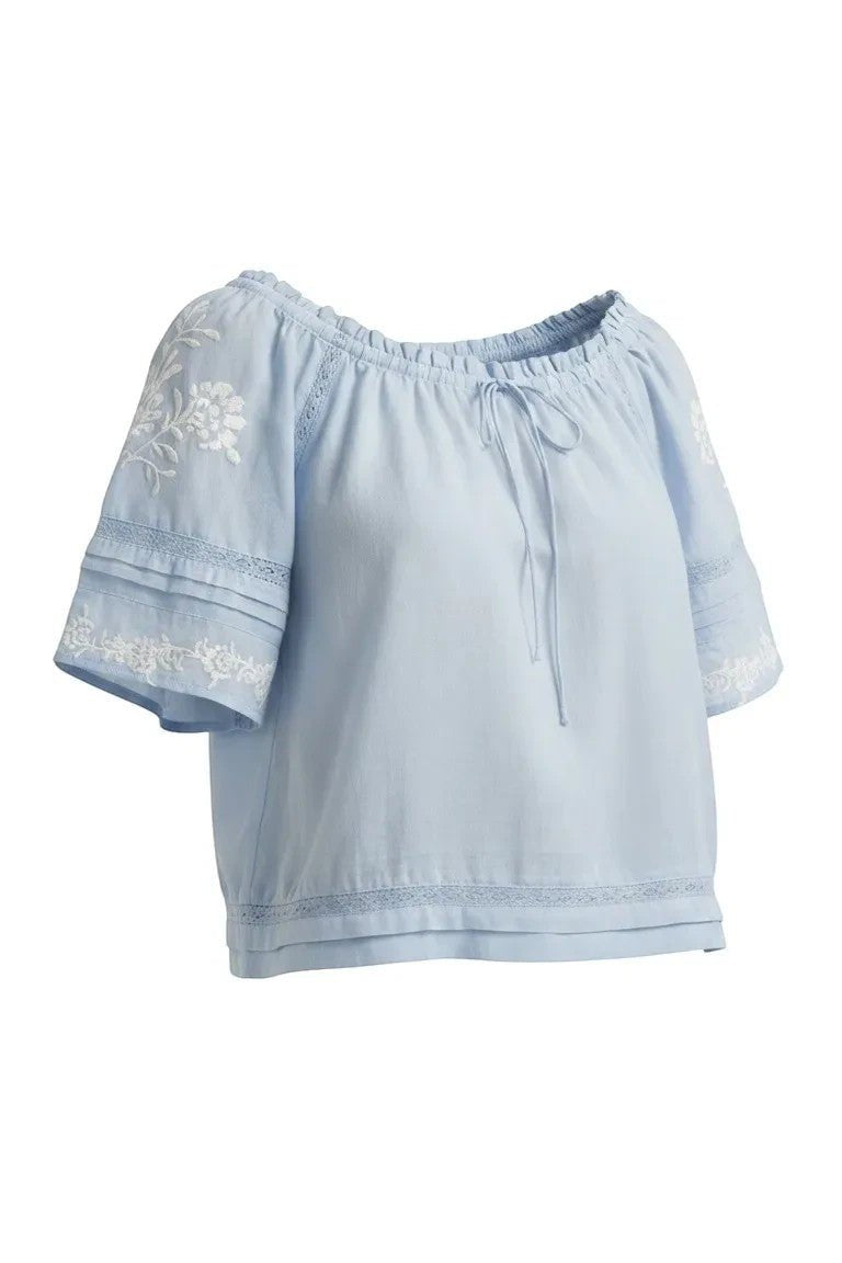Blue embroidered raglan short sleeve top by Lovestitch, featuring floral embroidery and casual blouse style.