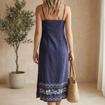 Navy embroidered straight neck midi dress by Forte, featuring detailed embroidery and a sleek, elegant silhouette.