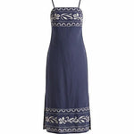 Navy embroidered straight neck midi dress by Forte, featuring intricate embroidery and elegant midi-length design.