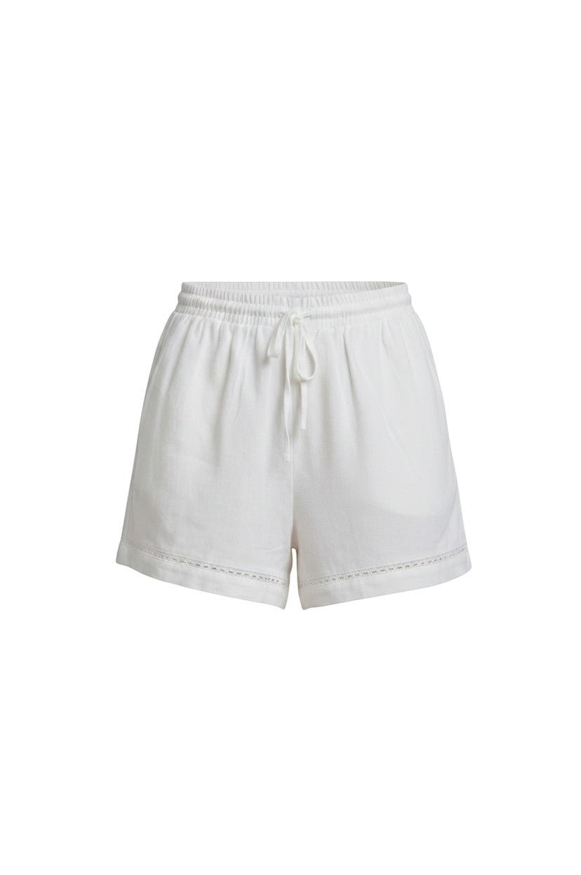 Off-white Allie Rose eyelet drawstring linen shorts, casual bottoms with breathable fabric and adjustable waist.