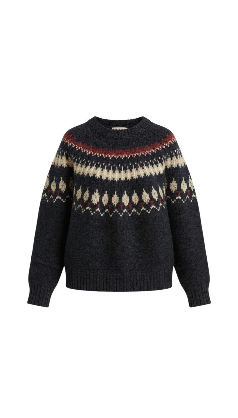 graced Fair Isle crew neck sweater in navy blue with cream and red geometric pattern detailing