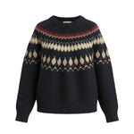 graced Fair Isle crew neck sweater in navy blue with cream and red geometric pattern detailing