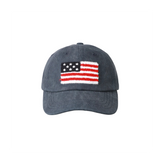 Navy blue hat with American flag patch from Fashion City, casual accessories hat featuring patriotic flag embroidery.