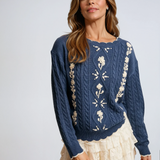 Floral Embroidered Cable Knit Sweater