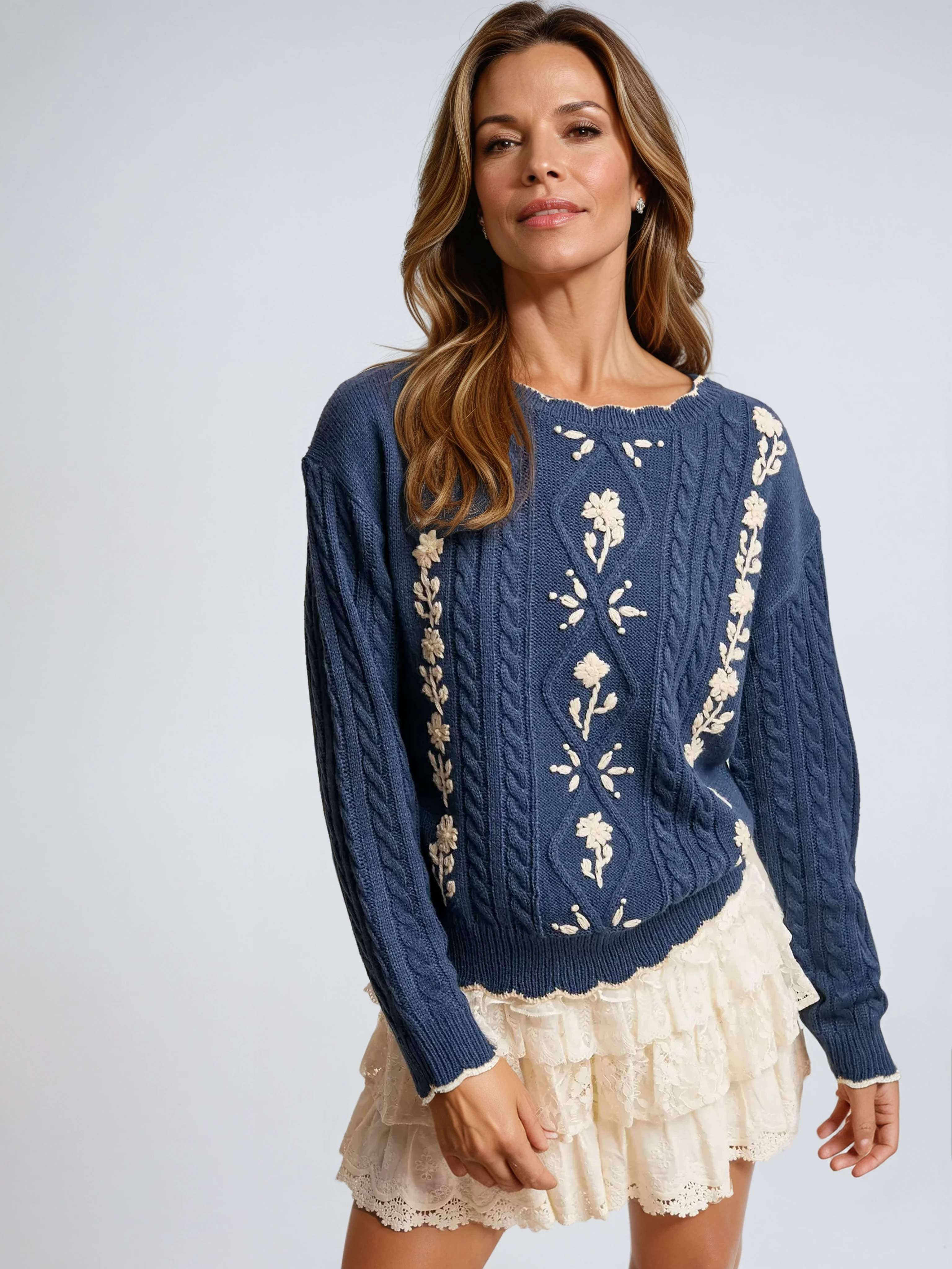 Floral Embroidered Cable Knit Sweater