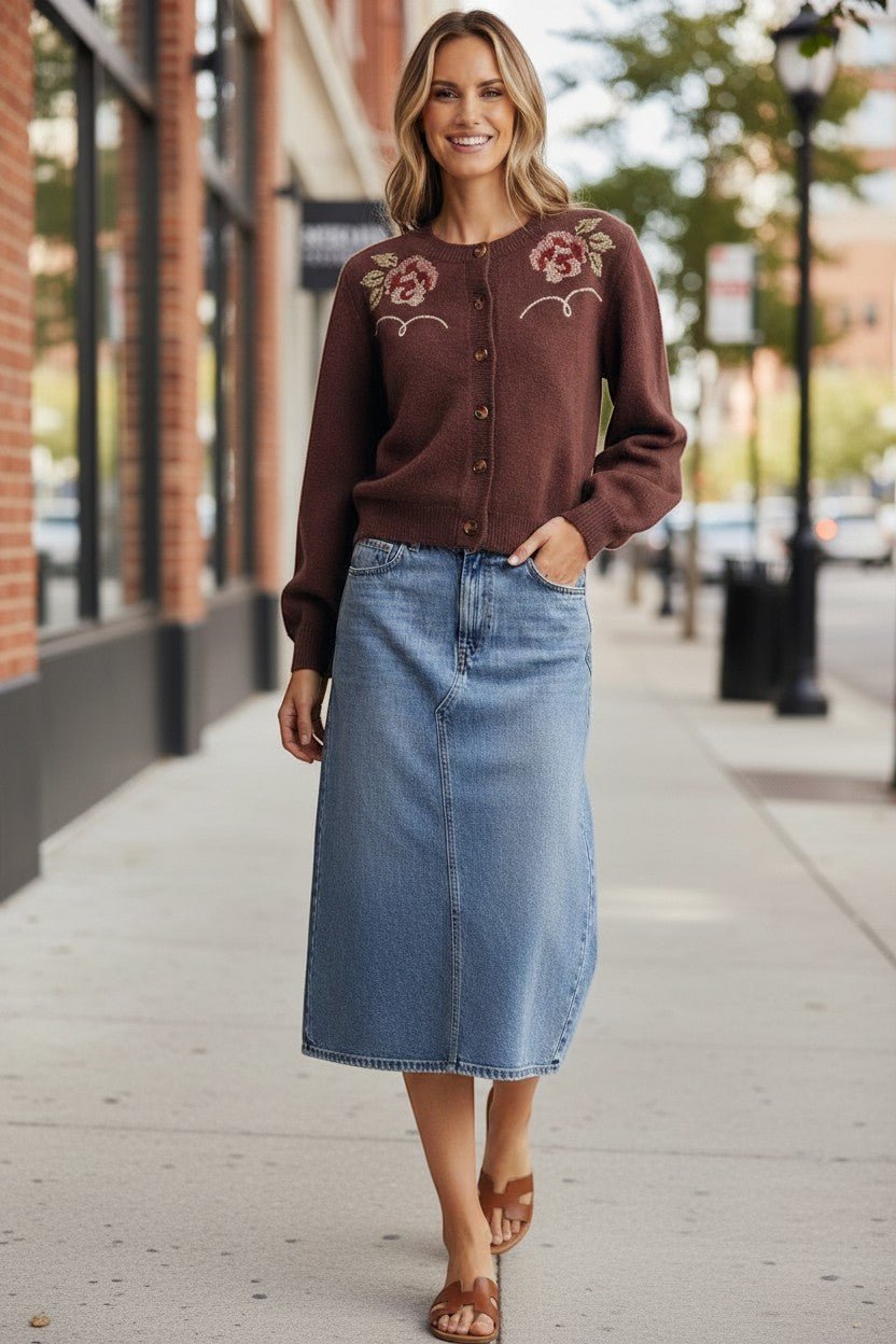 Brown floral embroidered knit cardigan by Forte, showcasing intricate embroidery and cozy knit fabric, perfect for casual wear.