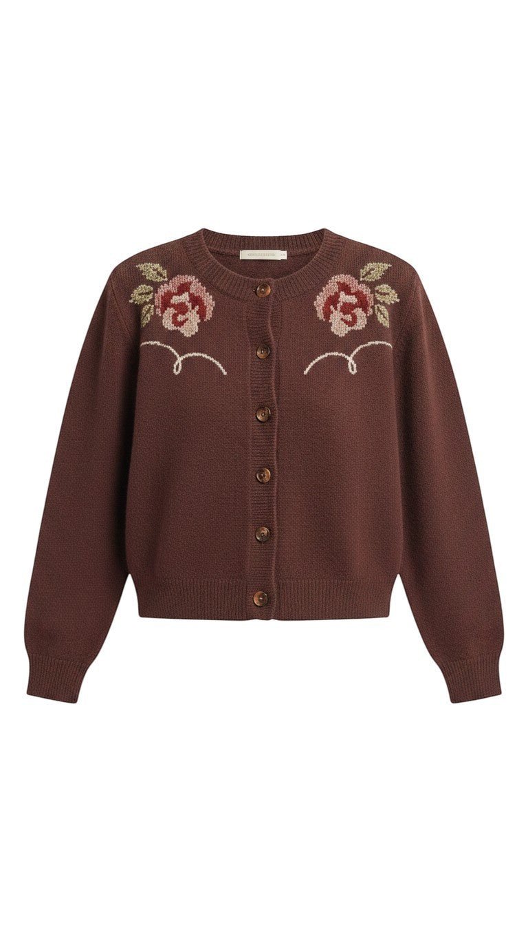 Brown floral embroidered knit cardigan from Forte, featuring intricate floral embroidery and a cozy knit texture.