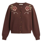 Brown floral embroidered knit cardigan from Forte, featuring intricate floral embroidery and a cozy knit texture.