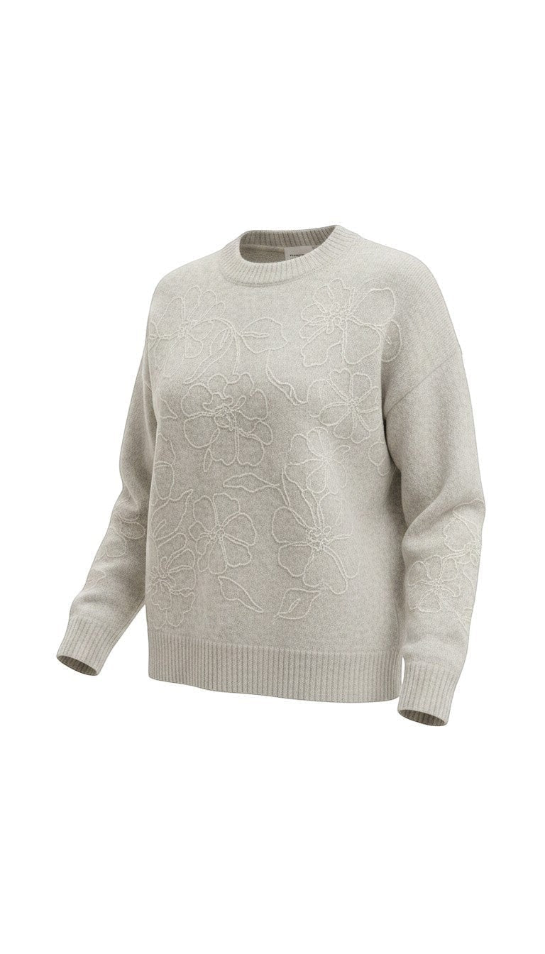 graced beige pullover sweater with delicate tonal floral embroidery and a classic crew neckline