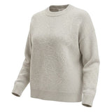 graced beige pullover sweater with delicate tonal floral embroidery and a classic crew neckline