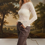 Ivory floral lace knit top by Forte, featuring delicate lace details and a comfortable knit fabric, perfect for casual or dressy wear.