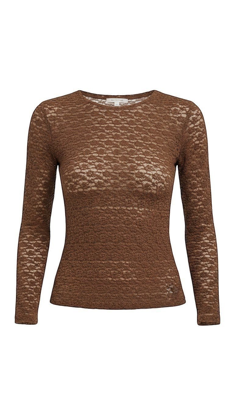 Mocha floral lace knit top from Forte, stylish women's knit top with delicate lace details and a soft, textured fabric.