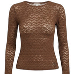 Mocha floral lace knit top from Forte, stylish women's knit top with delicate lace details and a soft, textured fabric.