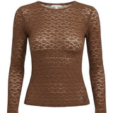 Mocha floral lace knit top from Forte, stylish women's knit top with delicate lace details and a soft, textured fabric.