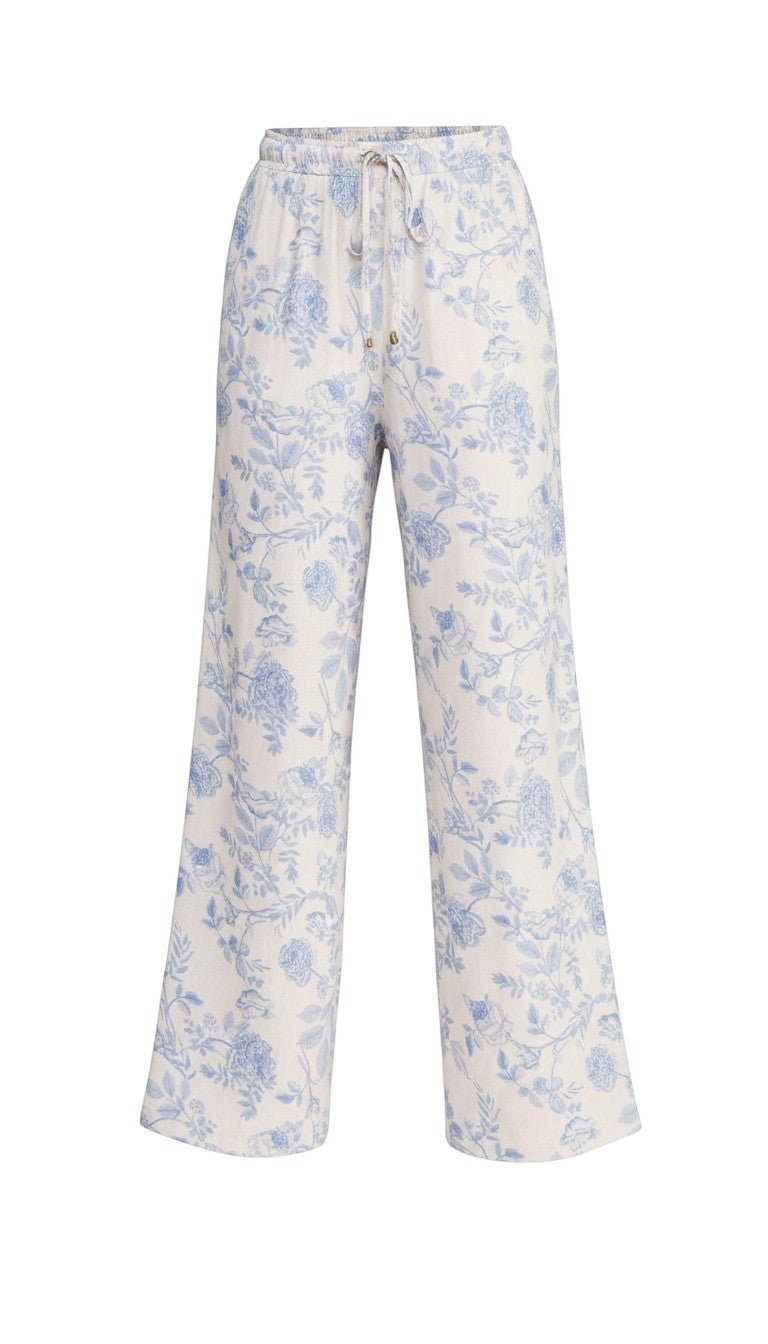 Allie Rose floral linen wide-leg pants featuring a vibrant floral pattern and relaxed fit for casual and summer wear.